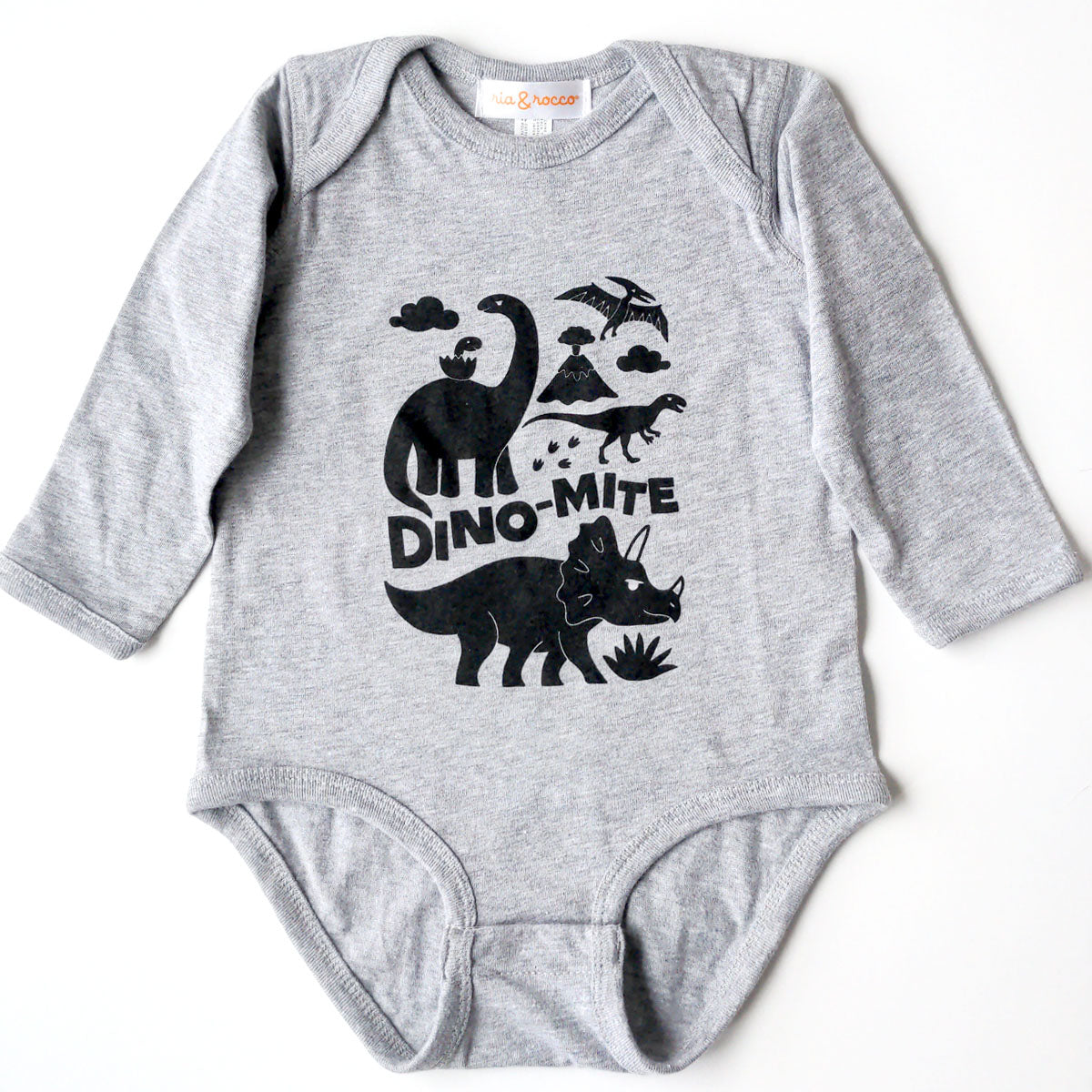 Hand Screen Printed Dino-Mite Dinosaurs Kids Long Sleeve Heather Onesie