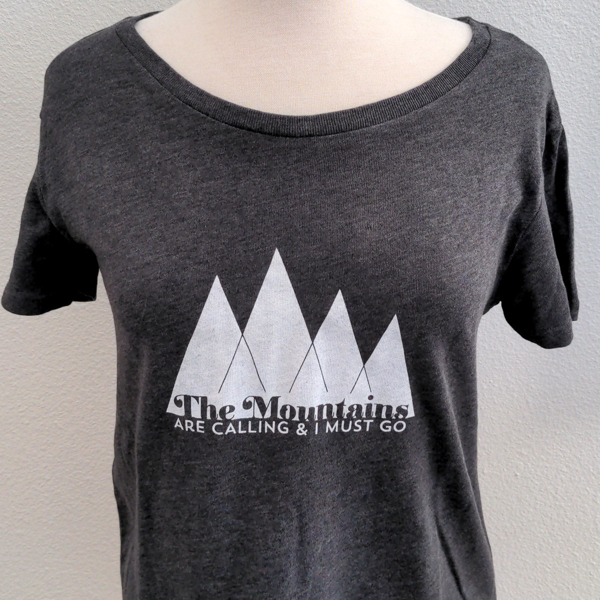 Hand Screen Printed Mountains are Calling Womens Charcoal Heather T-Shirt