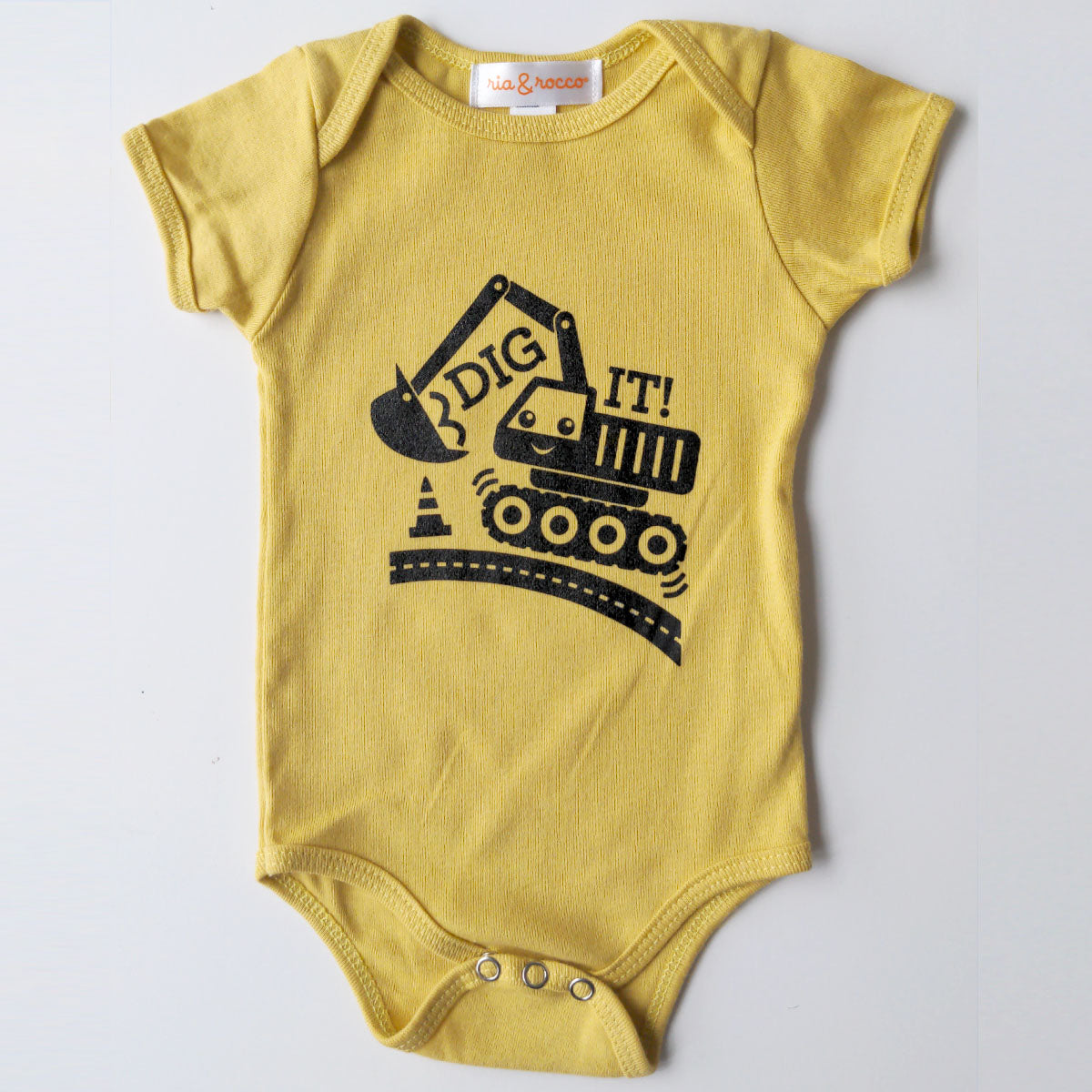 Hand Screen Printed Dig It! Excavator Mustard Baby Organic Onesie