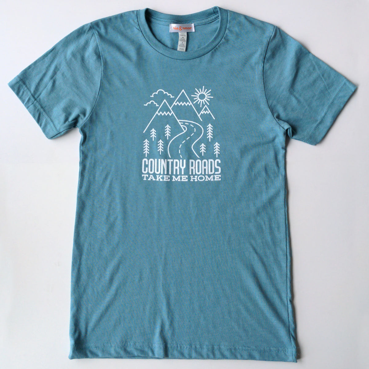 Hand Screen Printed Country Roads Graphic Blue Lagoon Heather Unisex/Mens T-Shirt