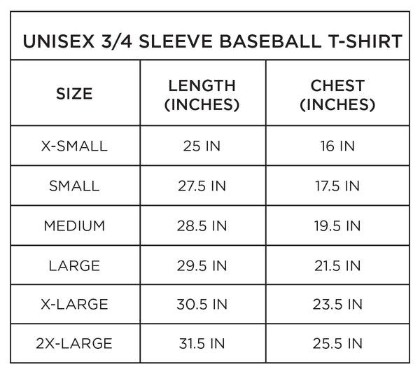 Size Chart Unisex Baseball Tee