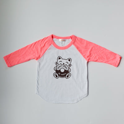 Hand Screen Printed Kitty Donut Babies and Kids 3/4 Long Sleeve Baseball T-Shirt