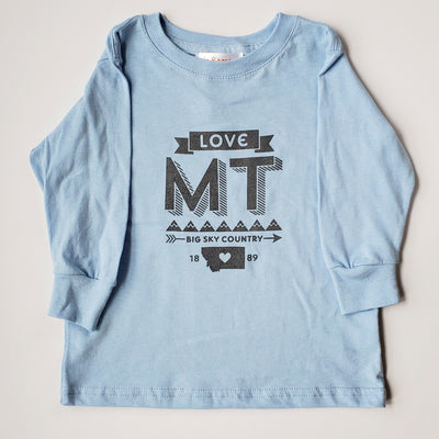 Hand Screen Printed Love Montana Long Sleeve Blue Youth T-Shirt