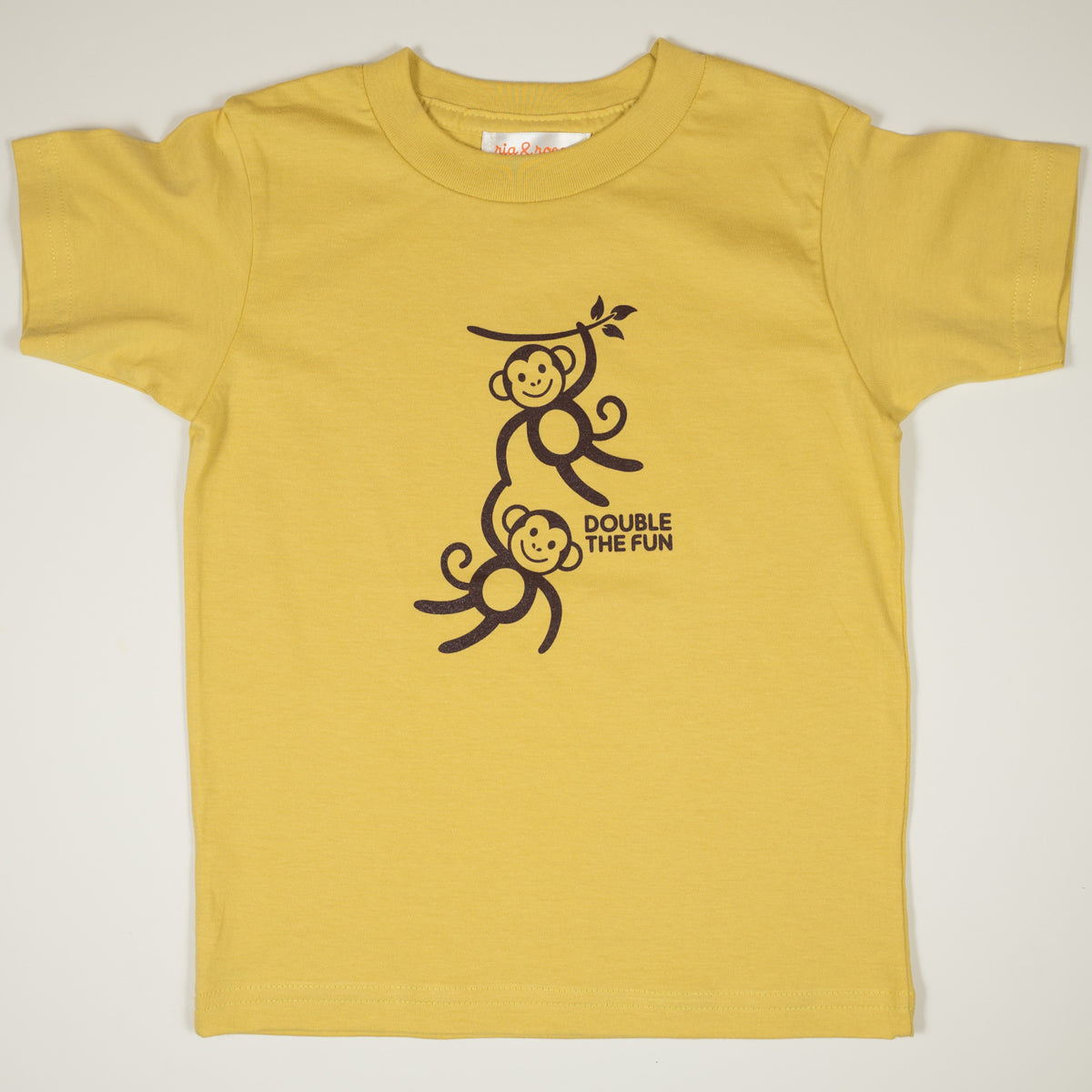 Hand Screen Printed Monkeys Double the Fun Mustard Kids Organic T