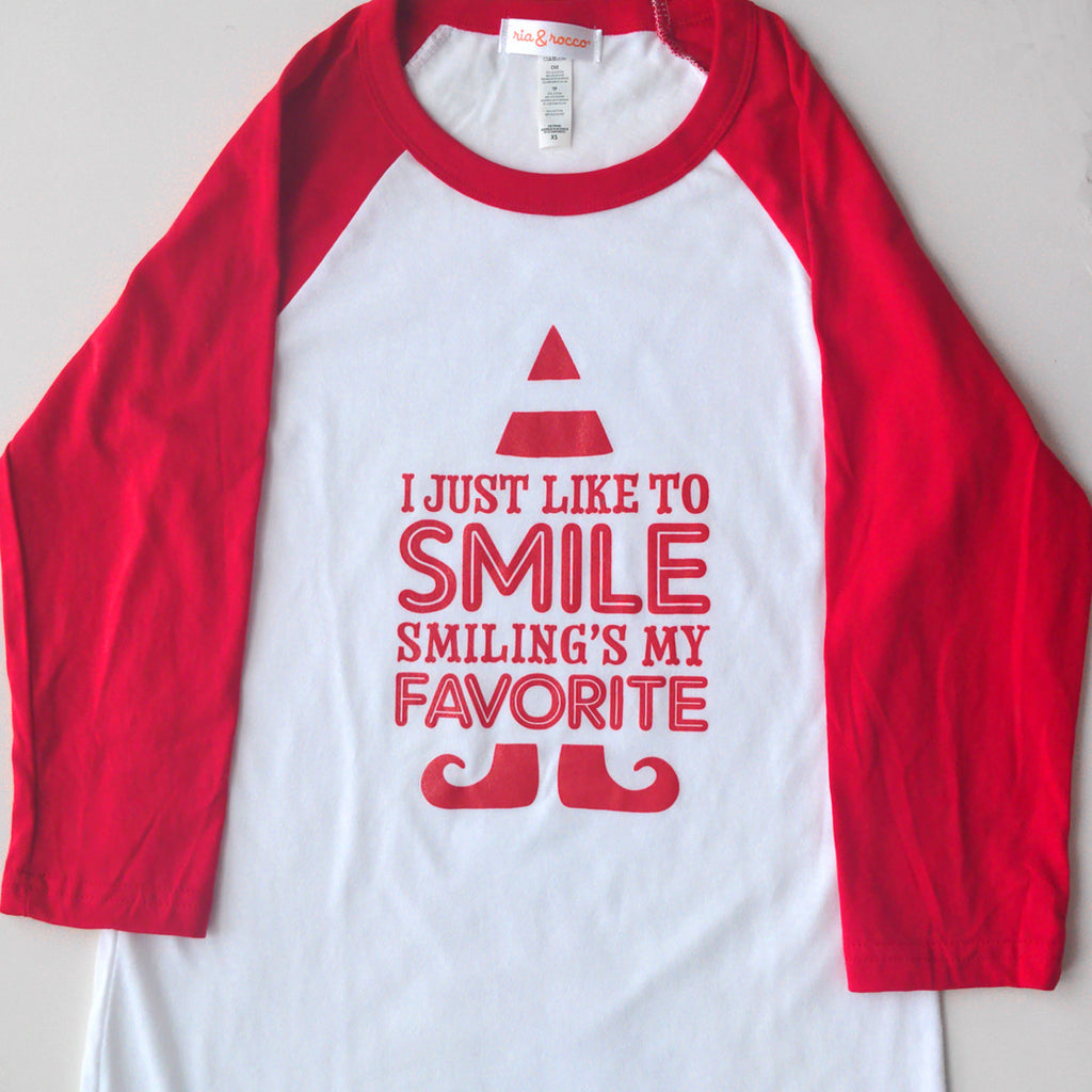 Hand Screen Printed I Just Like to Smile Unisex Adult 3/4 Red Long Sleeve Raglan T-Shirt
