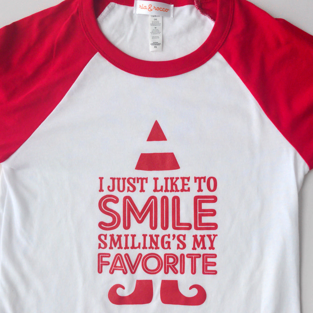 Hand Screen Printed I Just Like to Smile Unisex Adult 3/4 Red Long Sleeve Raglan T-Shirt