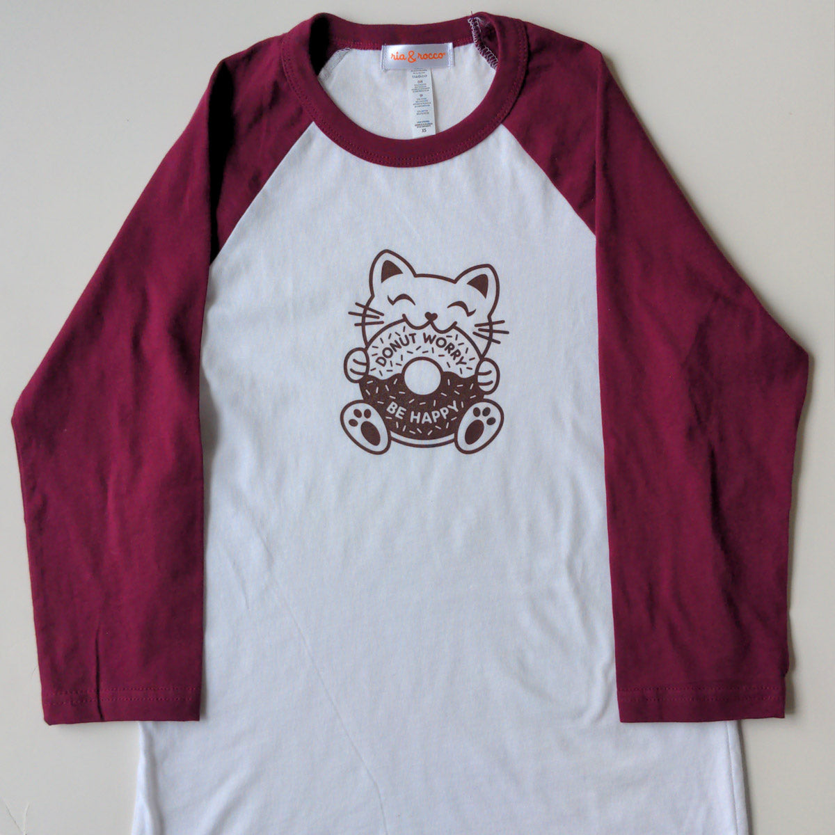 Hand Screen Printed Donut Kitty Adult 3/4 Long Sleeve Baseball T-Shirt