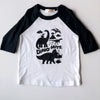 Hand Screen Printed Dino-Mite Dinosaurs Kids 3/4 Long Sleeve Baseball T-Shirt