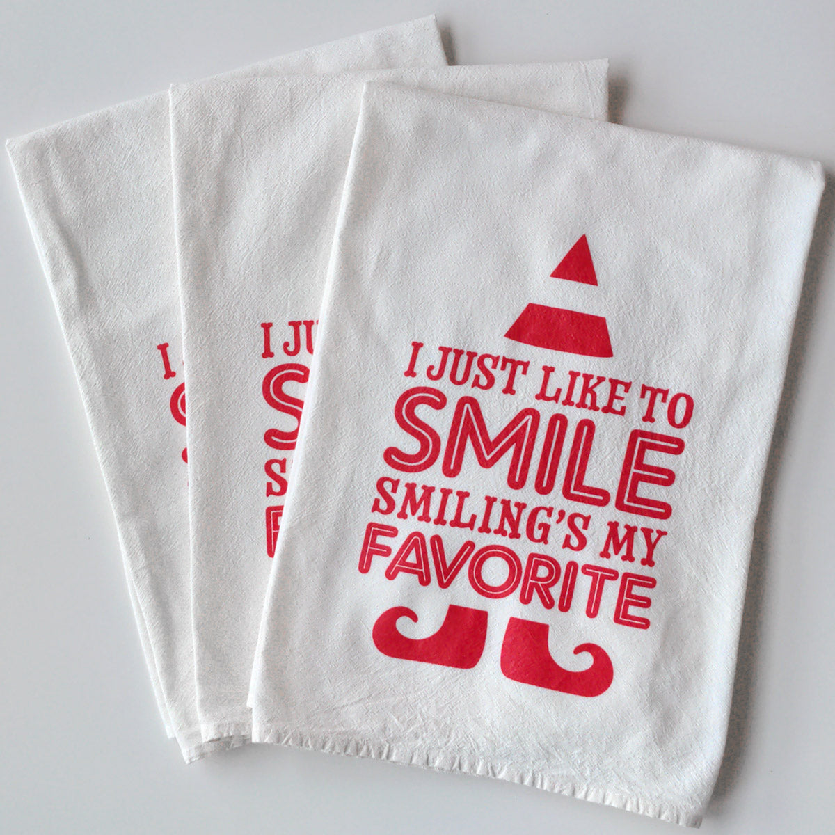 Hand Screen Printed Tea Towel: I Just Like to Smile Graphic