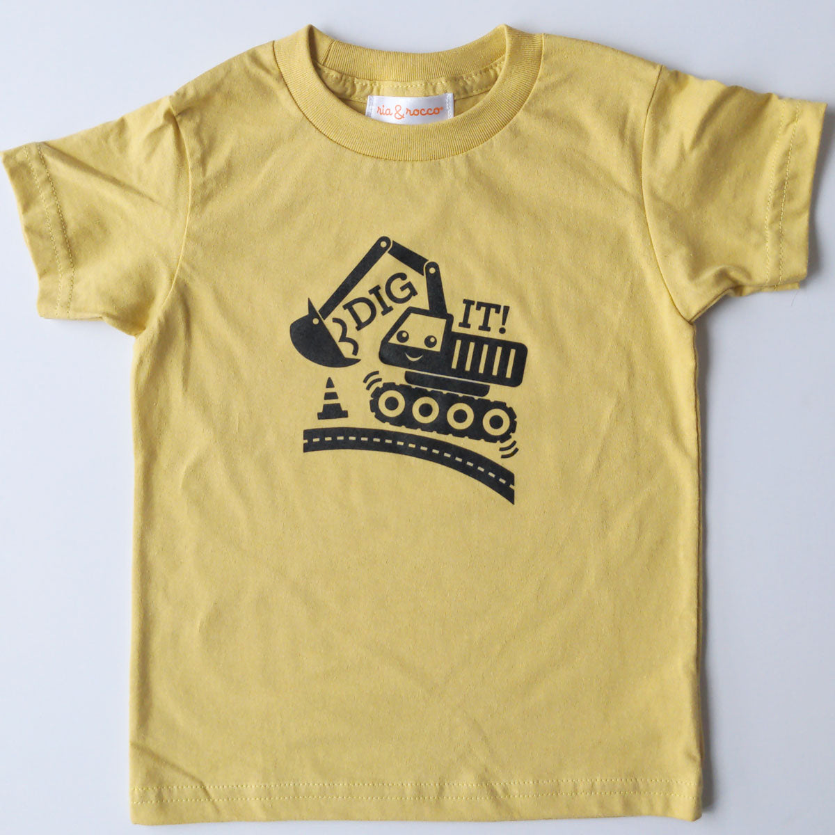 Hand Screen Printed Dig It! Excavator Mustard Kids Organic T-Shirt