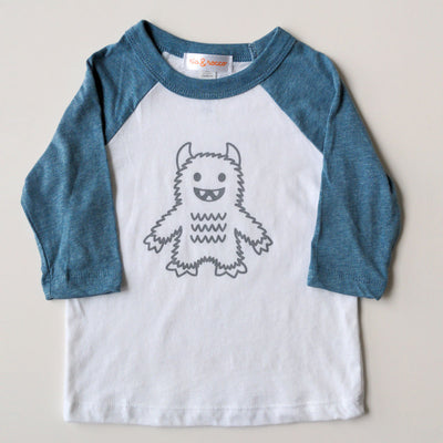 Hand Screen Printed Cute Monster Kids 3/4 Long Sleeve Baseball T-Shirt