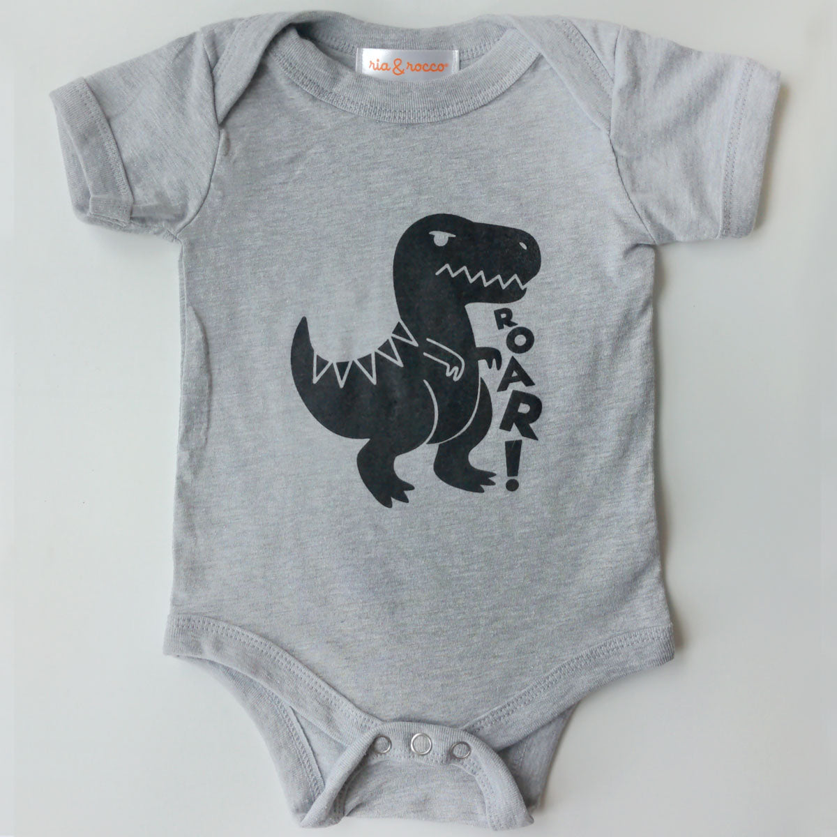 Hand Screen Printed Dinosaur T-Rex Short Sleeve Heather Gray Baby Onesie