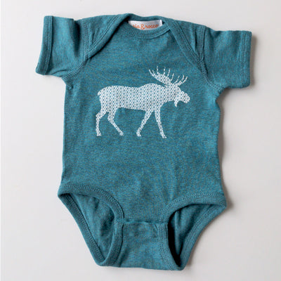 Hand Screen Printed Moose with Pattern Aqua Teal Heather Baby Onesie