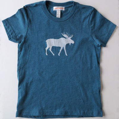 Hand Screen Printed Moose with Pattern Deep Teal Heather Youth T-Shirt