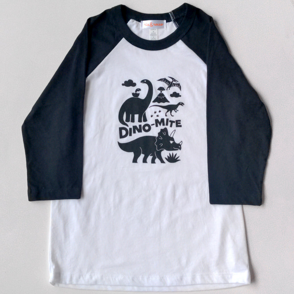 Hand Screen Printed Dino-Mite Dinosaurs Youth Heather 3/4 Long Sleeve Baseball T-Shirt