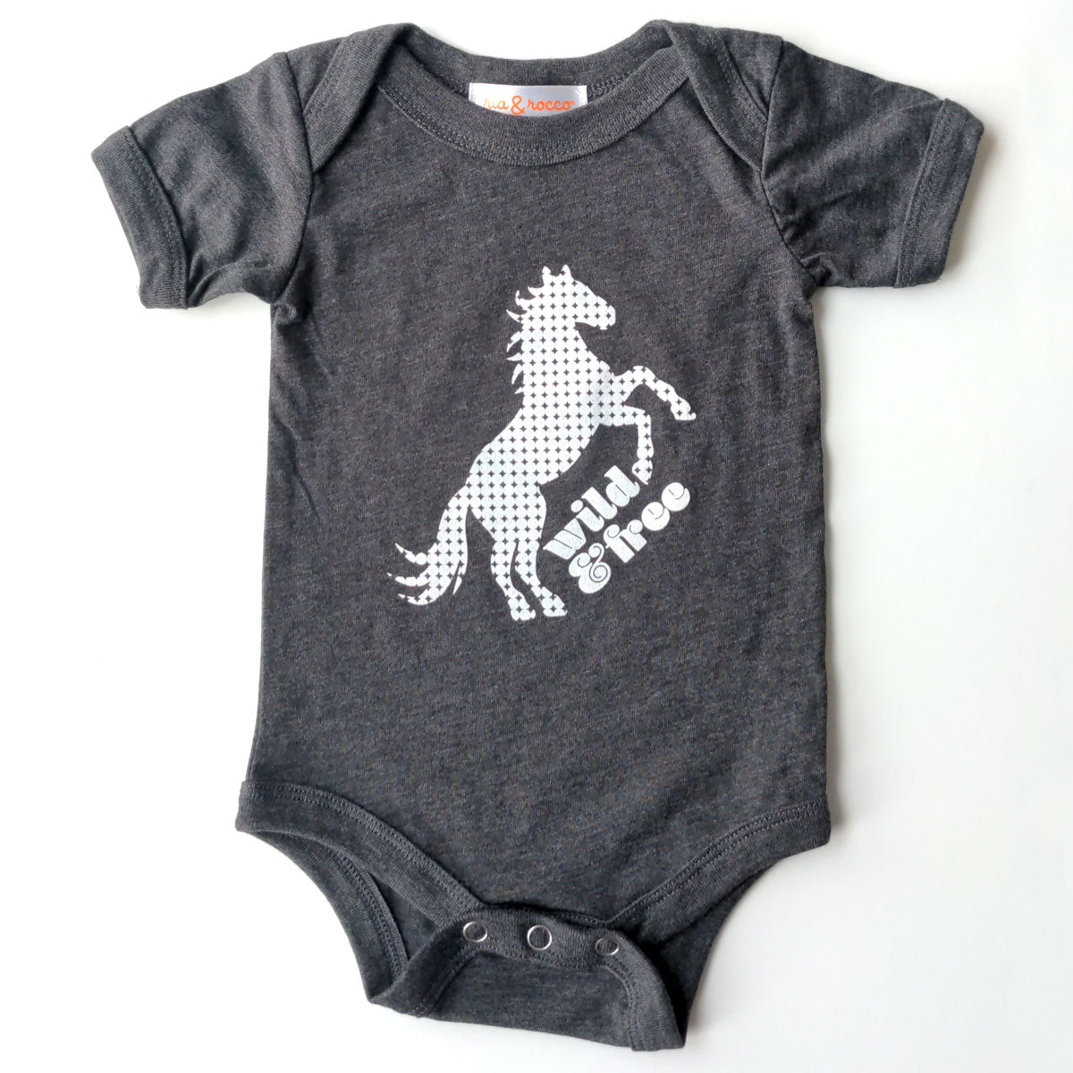 Hand Screen Printed Horse Wild and Free with Pattern Dark Gray Heather Onesie