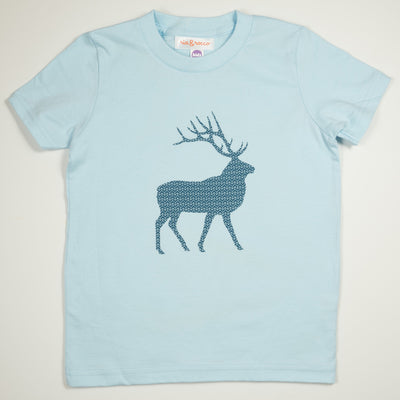 Hand Screen Printed Elk with Pattern Light Blue Kids T-Shirt