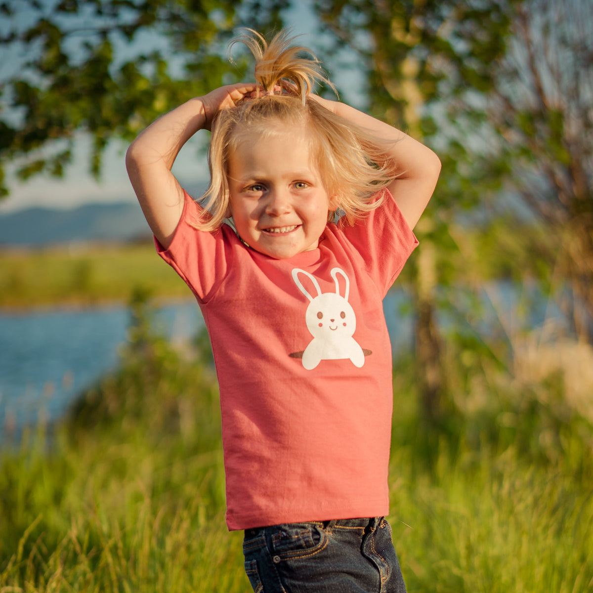 Hand Screen Printed Bunny Popping Out Kids Organic T-shirt