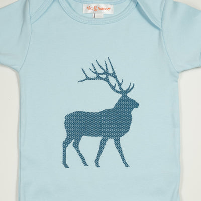 Hand Screen Printed Elk with Pattern Light Blue Baby Onesie