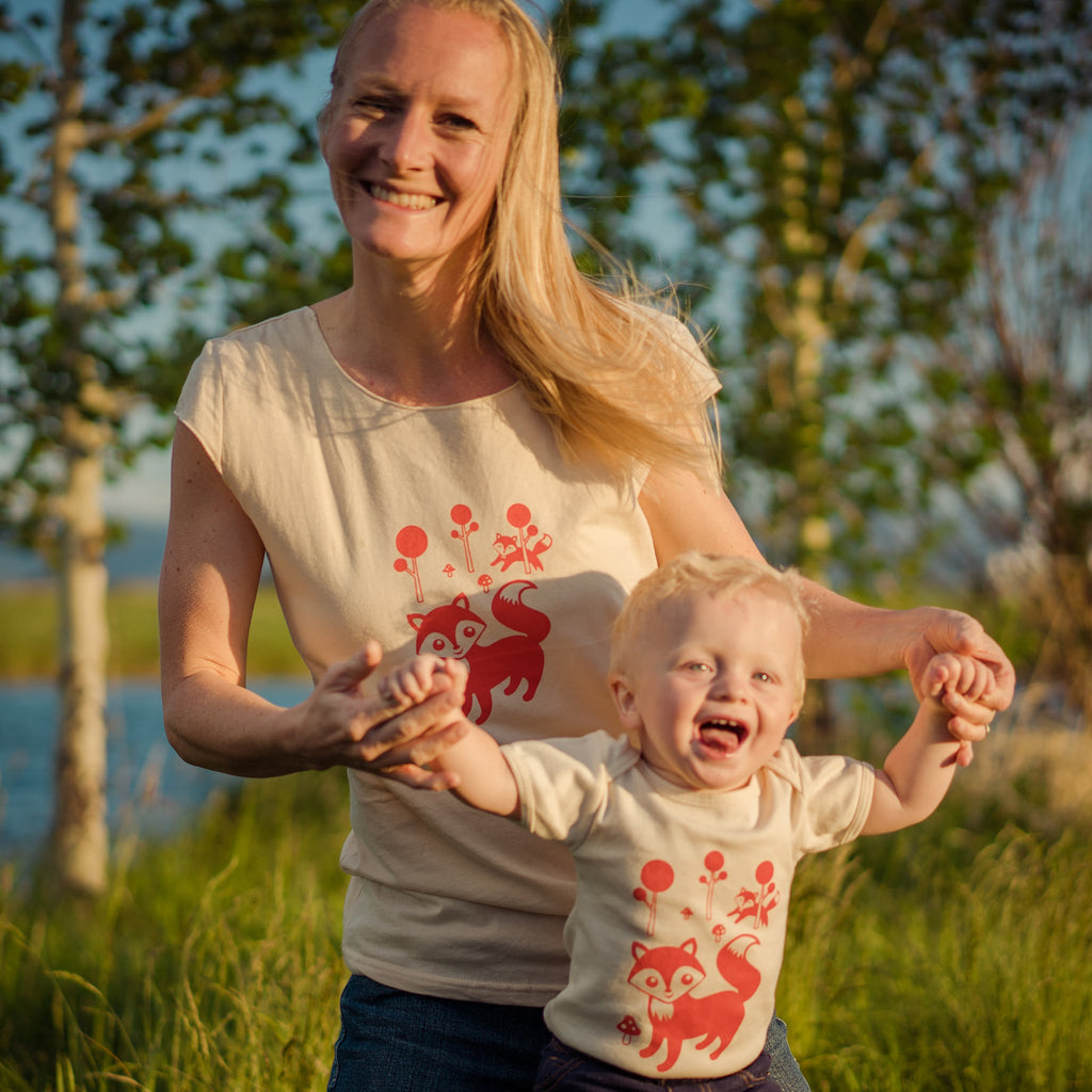 Hand Screen Printed Friendly Foxes Cream Baby Organic Onesie