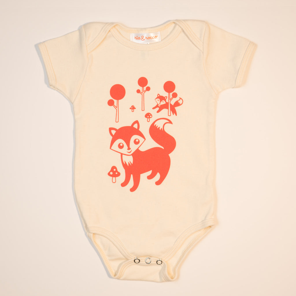 Hand Screen Printed Friendly Foxes Cream Baby Organic Onesie