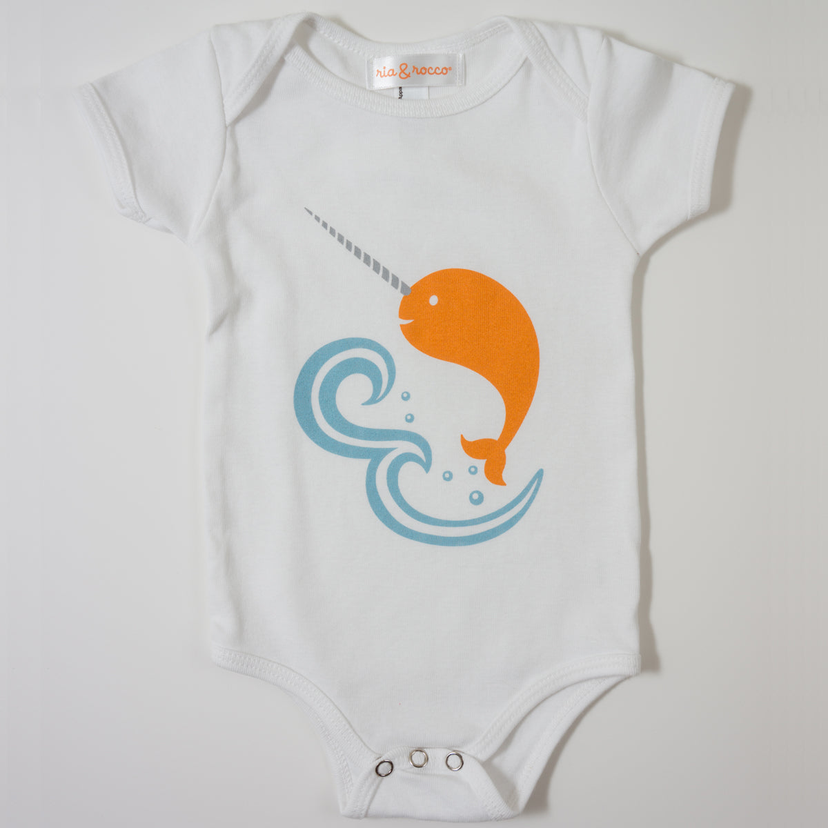 Hand Screen Printed Narwhal in Ocean Baby Onesie