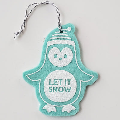 Ornament - Hand Screen Printed Wool Felt Penguin LET IT SNOW Light Blue