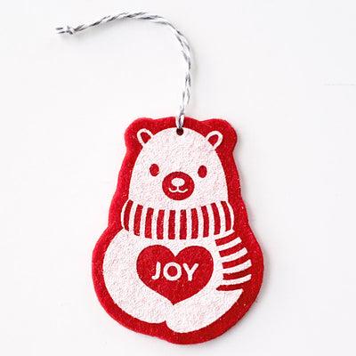 Ornament - Hand Screen Printed Wool Felt Polar Bear JOY Red