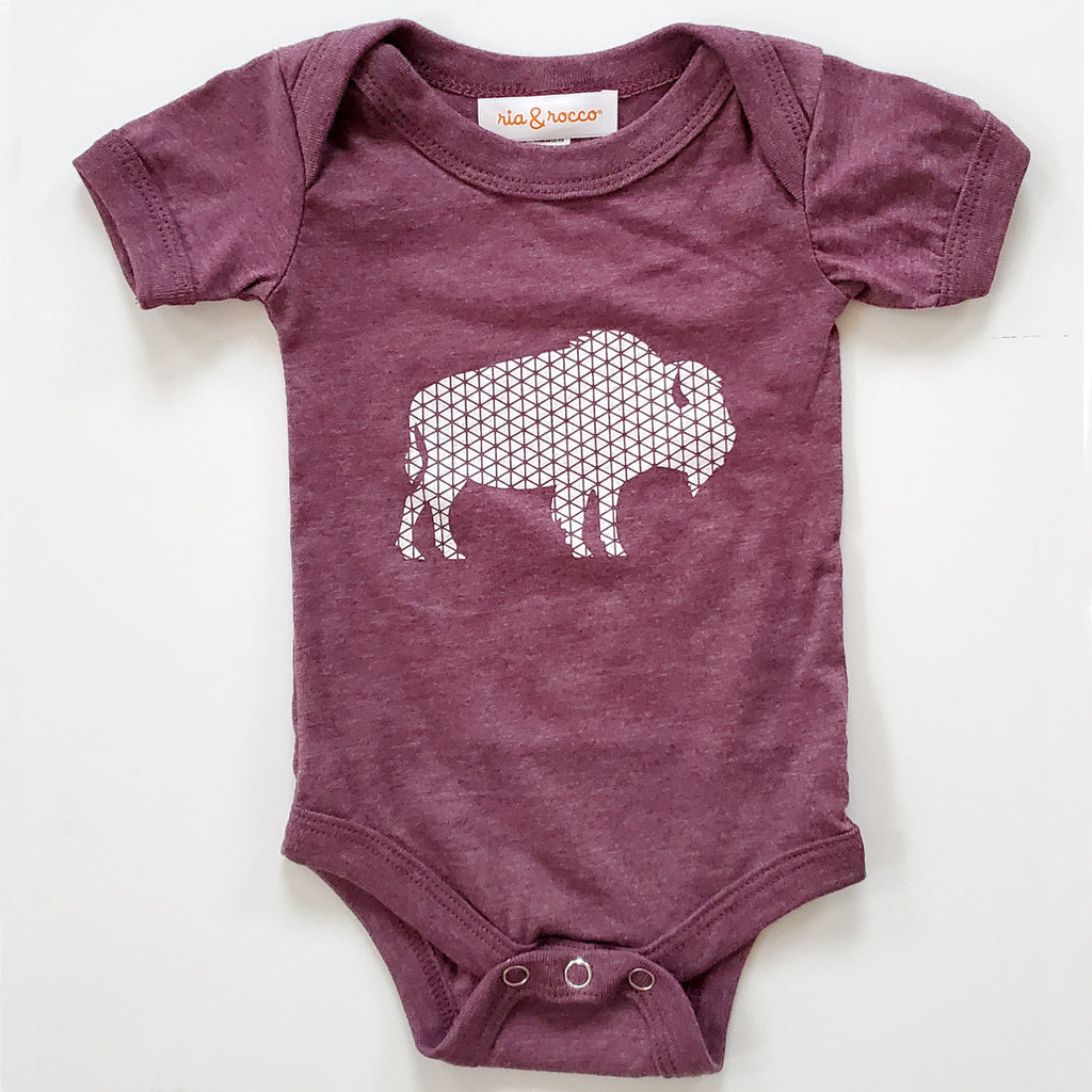 Hand Screen Printed Bison with Pattern Maroon Heather Baby Onesie