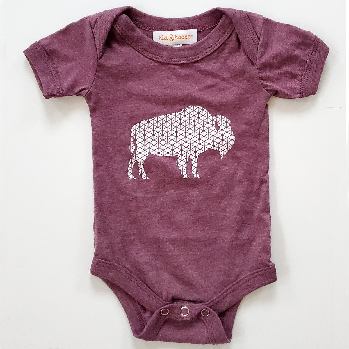 Hand Screen Printed Bison with Pattern Maroon Heather Baby Onesie
