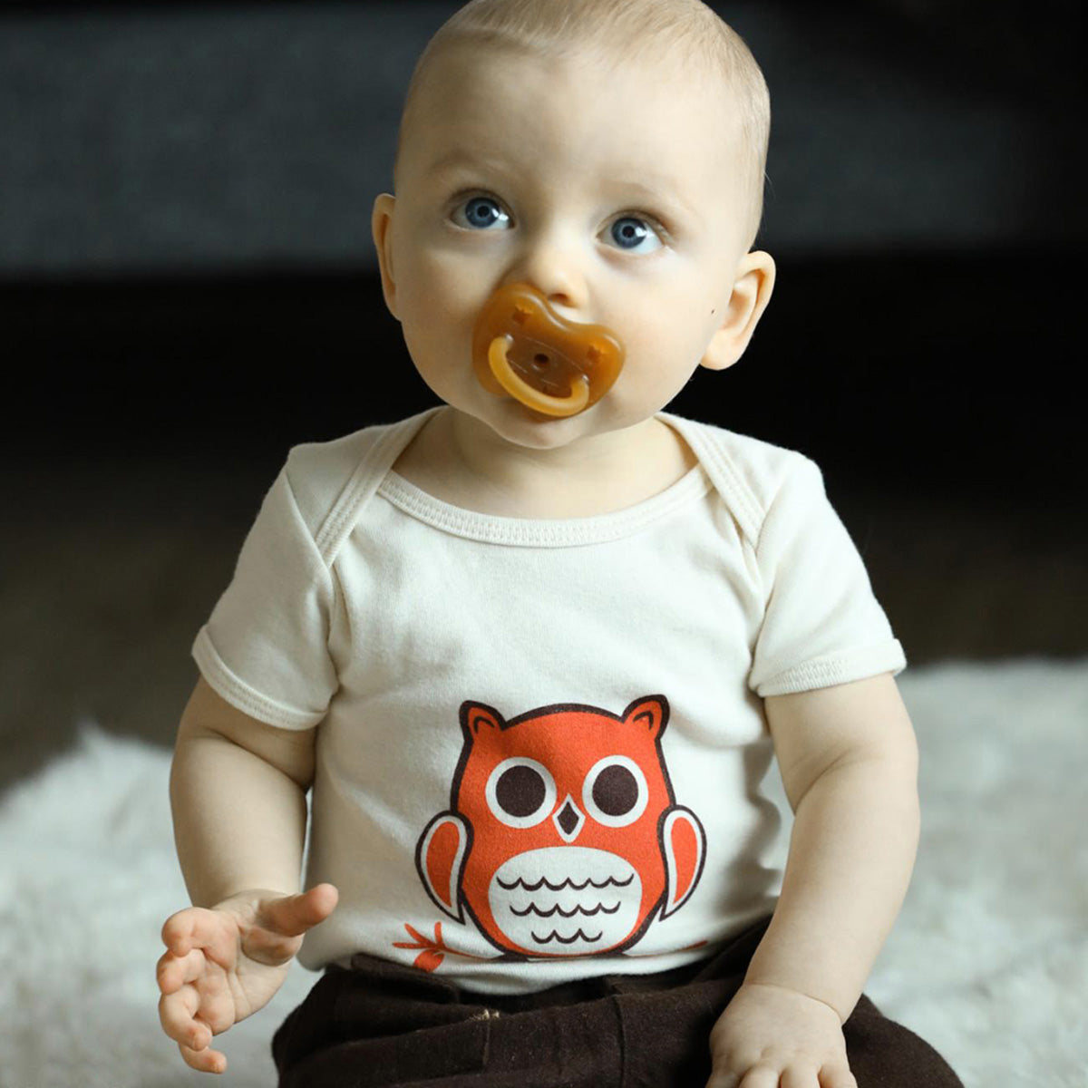 Hand Screen Printed Owl Sitting Cream Baby Organic Onesie
