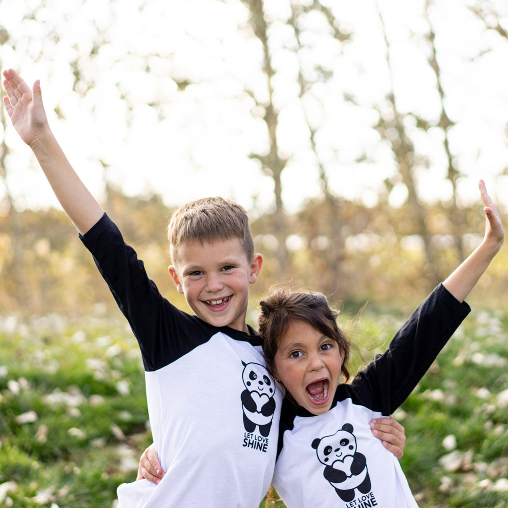 Hand Screen Printed Panda Let Love Shine Youth 3/4 Long Sleeve Baseball T-Shirt