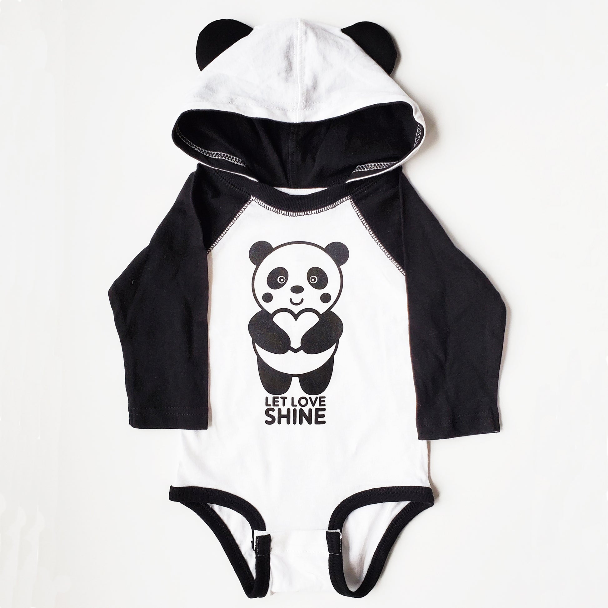 Hand Screen Printed Panda Long Sleeve Onesie with Ears Sewn on Hoodie