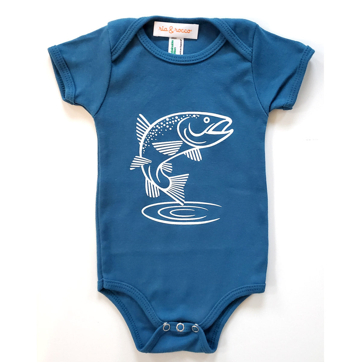 Hand Screen Printed Rainbow Trout Deep Blue Baby Organic Onesie