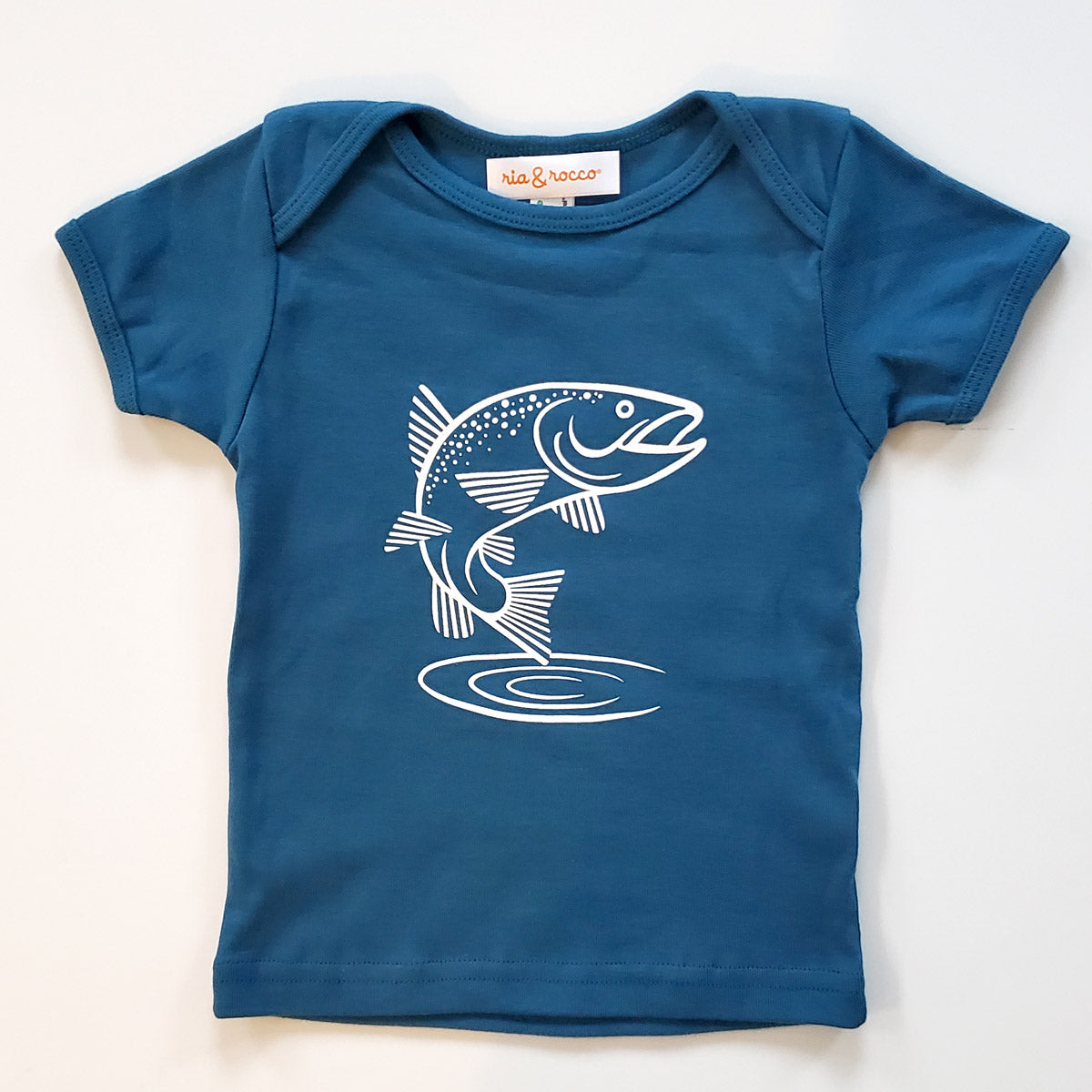 Hand Screen Printed Rainbow Trout Deep Blue Kids Organic 18-24 Months T-Shirt