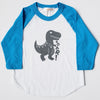Hand Screen Printed Dinosaur T-Rex Kids 3/4 Blue Long Sleeve Raglan T-Shirt