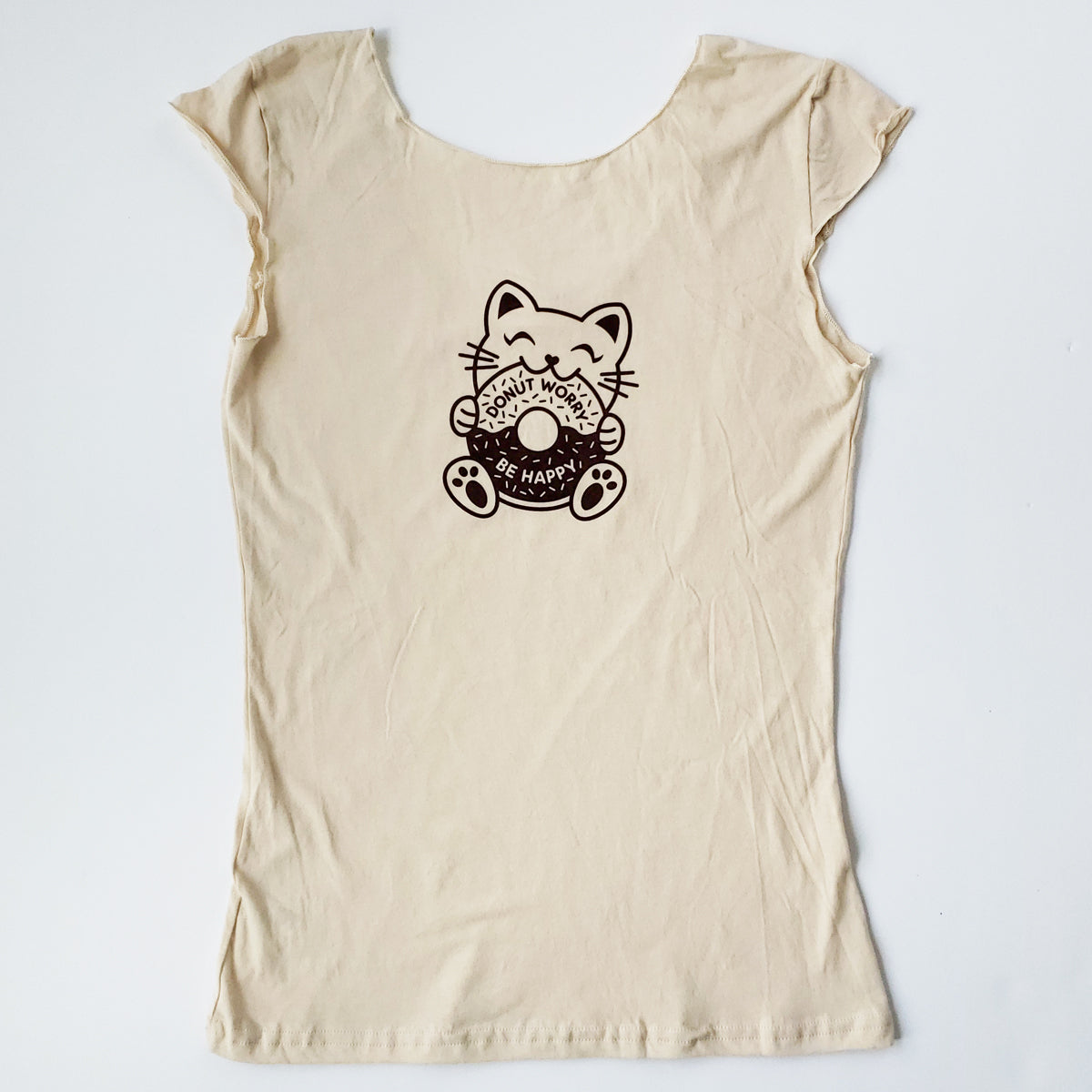 Hand Screen Printed Kitty Donut Worry Be Happy Cream Womens T-Shirt