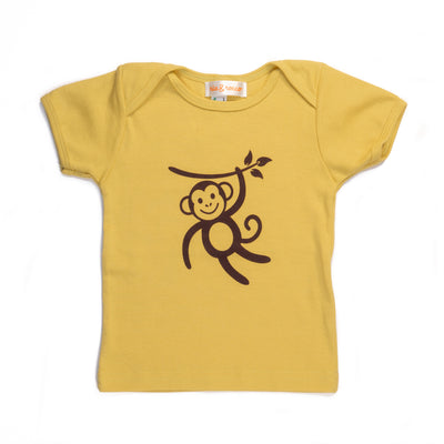 Hand Screen Printed Monkey Swinging Mustard Kids 18-24 Months Organic T-Shirt