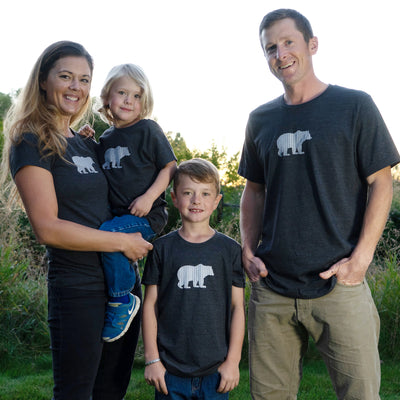 Hand Screen Printed Grizzly Bear with Pattern Dark Gray Heather Kids T-Shirt