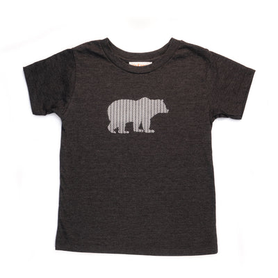 Hand Screen Printed Grizzly Bear with Pattern Dark Gray Heather Kids T-Shirt