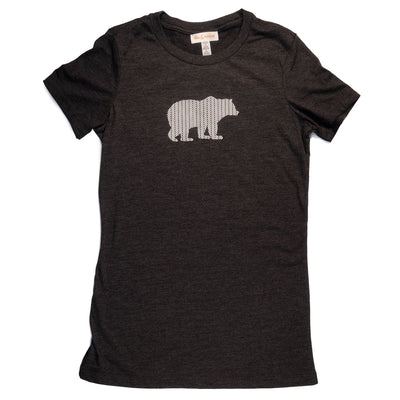 Hand Screen Printed Grizzly Bear with Pattern Dark Gray Heather Womens T-Shirt