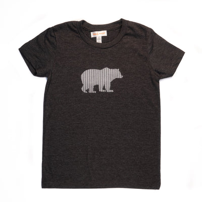 Hand Screen Printed Grizzly Bear with Pattern Dark Gray Heather Youth T-Shirt