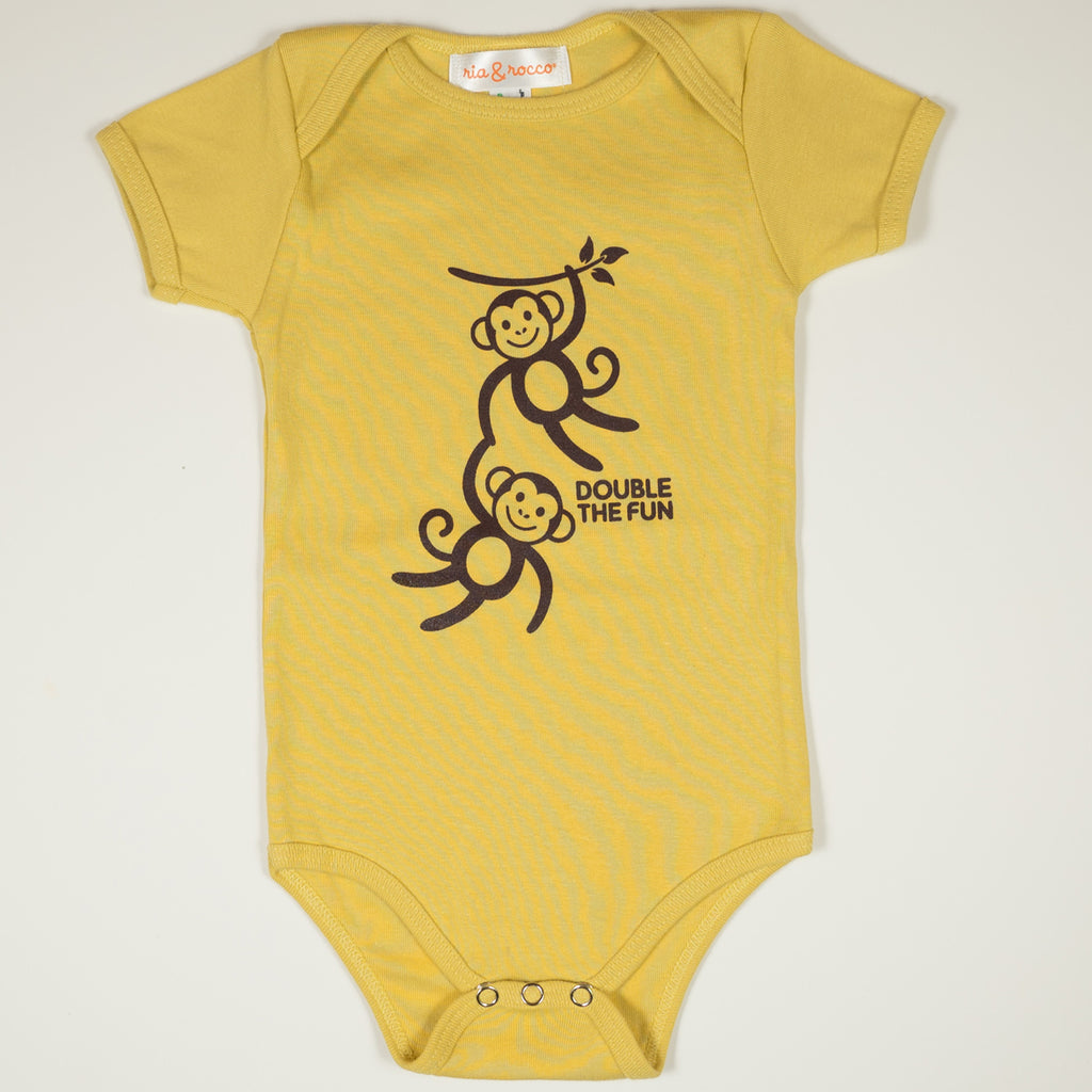 Hand Screen Printed Monkeys Double the Fun Mustard Baby Organic Onesie