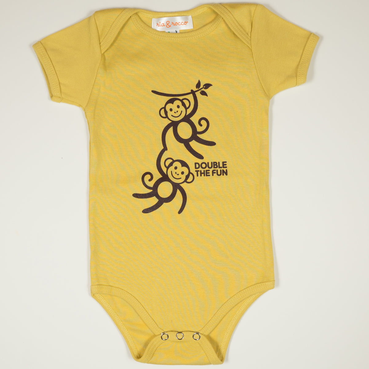 Hand Screen Printed Monkeys Double the Fun Mustard Baby Organic Onesie