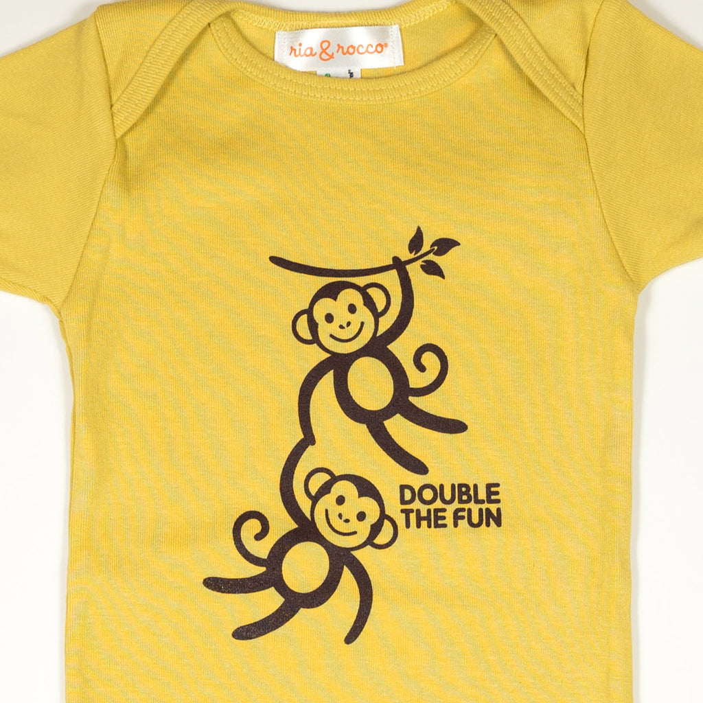 Hand Screen Printed Monkeys Double the Fun Mustard Baby Organic Onesie